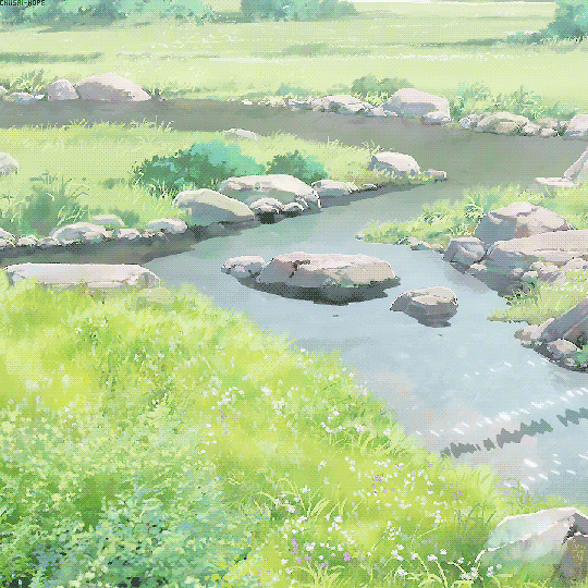 A calming animation of pink flowers swaying in the foreground, with trees and telephone wires stretching into the background.